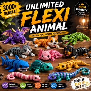 May include: A collection of articulated plastic animal figures including a purple dragon, orange fox, green crocodile, gray cat, pink axolotl, black dog, blue shark, teal turtle, yellow lizard, pink snake, and a blue lizard, with text reading UNLIMITED FLEXI ANIMAL.