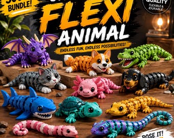 3000+ Flexi Animal STL Bundle | Articulated 3D Print Files | Print in Place Animal Pack | Dragon, Shark, Axolotl, Dinosaur