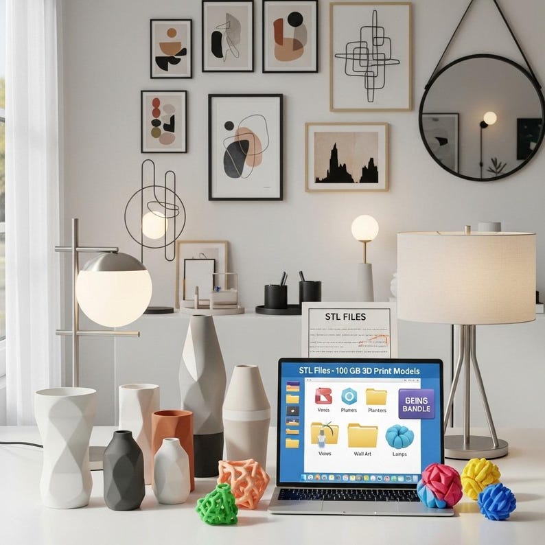 May include: A modern home office setup featuring a laptop displaying "STL FILES" and 3D print models. Various geometric vases in white, gray, and orange are arranged with decorative lamps and framed abstract art. A round mirror hangs on the wall.