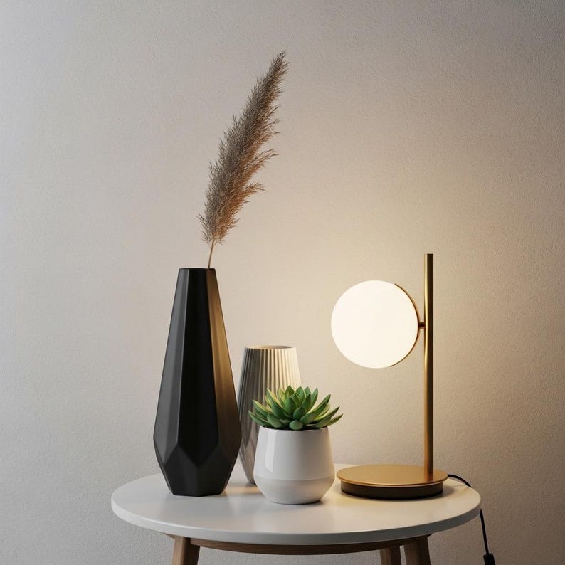 May include: A modern interior scene featuring a white table with a gold-toned lamp with a spherical shade, a black geometric vase, a gray ribbed vase, and a white pot with a succulent plant. A tall, dried plant stem is in the black vase.