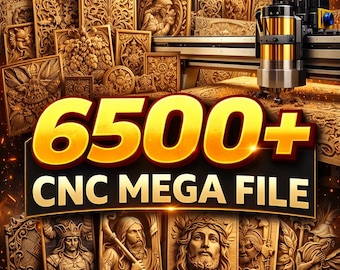 May include: An image showcasing a collection of intricately carved wooden panels, with the text "6500+ CNC MEGA FILE" in gold lettering. A CNC machine is visible in the background, suggesting digital design files for woodworking projects.