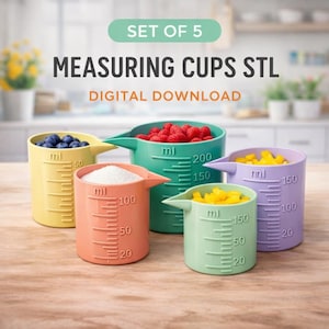 Juego de vasos medidores para impresión 3D (archivo STL) / Juego de 5 vasos medidores apilables para cocina (descarga digital) / Utensilios y herramientas de cocina imprimibles en 3D