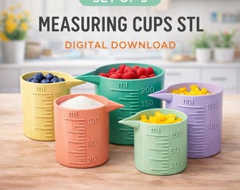 3D Print Measuring Cup Set STL File | 5 Piece Stackable Kitchen Beakers Digital Download | 3D Printable Kitchen Gadgets & Tools