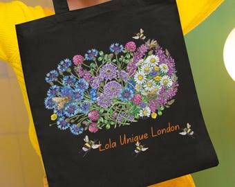 British Wildflower and Bee Heavyweight Organic Canvas Tote Bag  Eco Friendly Floral Shopping Bag Beach Carrier with Toggle Closure