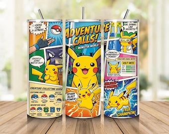 Adesivo per bicchiere termico da 20 oz con tema fumetto d'avventura, immagine PNG per sublimazione di un bicchiere termico sottile ispirato ai Pokémon, design di una tazza con un simpatico personaggio elettrico.