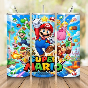 May include: A cylindrical tumbler featuring a vibrant Super Mario graphic print. The design displays Mario, Luigi, Princess Peach, Donkey Kong, and Bowser against a blue sky background with rainbows, floating islands, coins, and mushrooms.