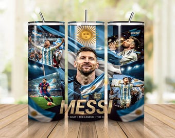 Adesivo per bicchiere termico da 20 once PNG, design per bicchiere termico Lionel Messi Skinny, sublimazione PNG del campione di calcio argentino, adesivo per tazza leggenda del calcio