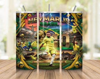 Diseño PNG de vaso térmico de Neymar, vaso térmico delgado de 20 oz con la estrella del fútbol brasileño, descarga de sublimación de fútbol, regalo para aficionados al fútbol, diseño de vaso térmico deportivo.