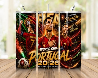 Immagine PNG per bicchiere termico da 20 oz con logo del Portogallo per i tifosi di calcio portoghesi, design skinny per bicchiere termico per tifosi del Portogallo, download PNG per sublimazione sportiva rosso e verde