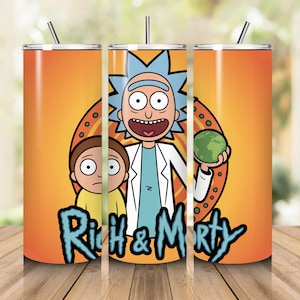 May include: A stainless steel tumbler featuring the animated characters Rick and Morty against an orange background. The design includes the show's logo in blue and the characters Rick holding a globe and Morty. The tumbler includes a silver straw.