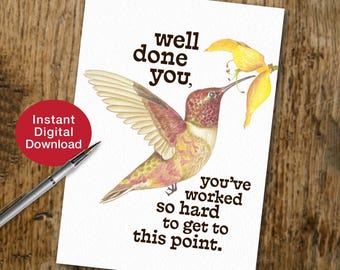 Tarjeta de felicitación / Tarjeta de graduación / Tarjeta de felicitación (Descarga digital) Ilustración en acuarela, colibrí artístico