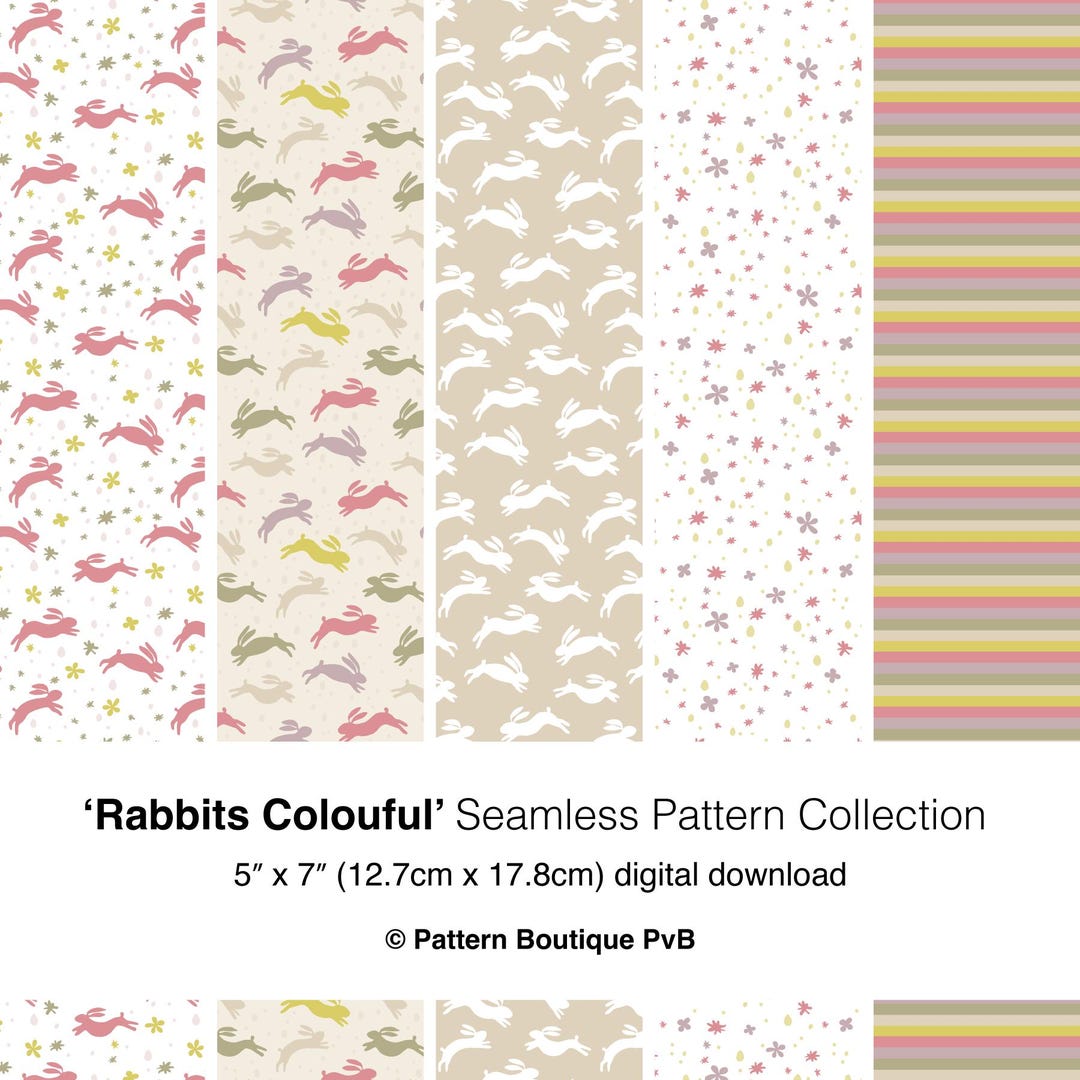 Multicouluerd Rabbit Rabbits Multi-colour. A Collection of 5 Seamless Patterns. (digital ...