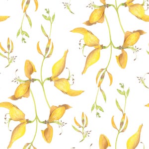 May include: Watercolor illustration of a seamless floral pattern. The design features yellow flowers with brown accents and green stems and leaves, set against a white background. The flowers are in various stages of bloom.