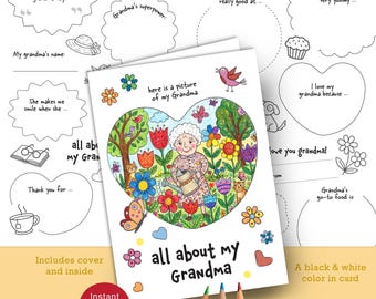 Tarjeta para colorear "Acerca de la abuela", actividad para completar espacios en blanco, tarjeta de cuestionario imprimible (descarga digital)