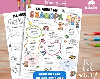 About My Grandpa Fill In The Blank Worksheet for Kids | Activity Sheet for Grandparents Day (Digital Download) Printable Questionnaire