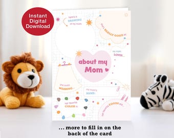 Tarjeta de cuestionario "Acerca de mi mamá" (descarga digital) Actividad para completar, imprimible y divertida para niños