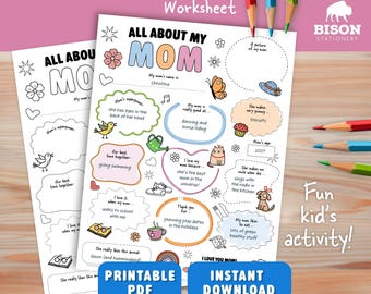 About My Mom, Fill In The Blank Worksheet for Kids | Activity Sheet | Printable Questionnaire (Digital Download)