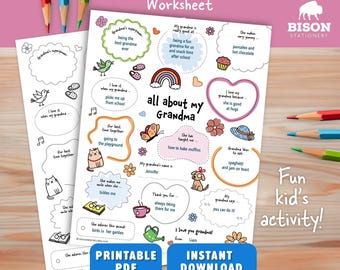 About My Grandma, Fill In The Blank Worksheet for Kids | Grandparents Day Activity Sheet | Printable Questionnaire (Digital Download)