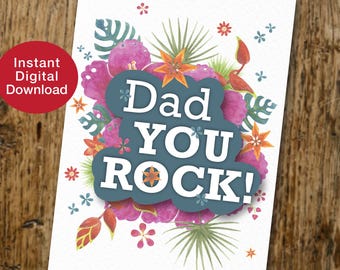 Tarjeta de agradecimiento para papá, Pensando en ti, papá rockero (Descarga digital) Ilustración floral hecha a mano