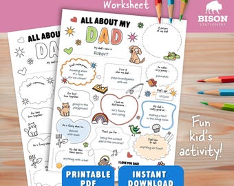 About My Dad Questionnaire WORKSHEET, Fill In The Blanks (Digital Download) Printable Activity