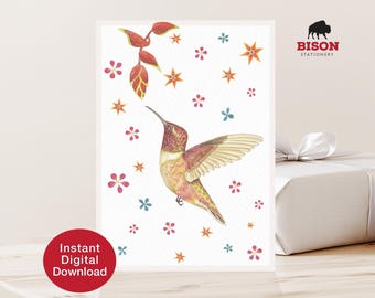 Tarjeta en blanco para amantes de los colibríes, tarjeta con marco de la galería Heliconia (descarga digital), ilustración en acuarela, colibrí artístico.