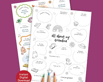 Sobre mi abuela: Hoja de trabajo para completar para niños / Hoja de actividades para el Día de los Abuelos / Cuestionario imprimible (Descarga digital)