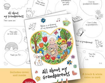 Tarjeta para colorear "Acerca de mis abuelos", actividad para completar espacios en blanco, Día de los abuelos, cuestionario imprimible (descarga digital).