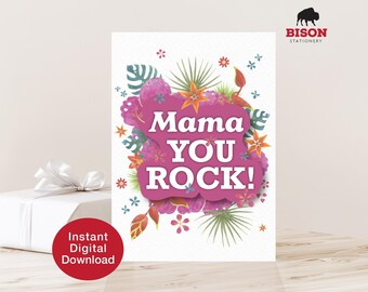 Tarjeta de agradecimiento para mamá, Pensando en ti, Mamá rockera (Descarga digital) Ilustración floral hecha a mano