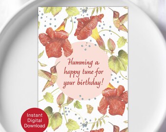 Tarjeta de cumpleaños imprimible para ella, colibrí pintado a mano, flores rojas (descarga digital)