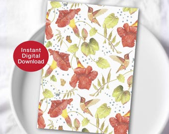 Tarjeta floral en blanco, tarjeta de felicitación con pájaros, pájaro pintado a mano, flores orgánicas con forma de pájaro (descarga digital)