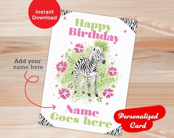 Amantes de los animales / Tarjeta personalizada - Tarjeta de cumpleaños de cebra / Ilustraciones florales tropicales hechas a mano (Descarga digital) Añade tu nombre