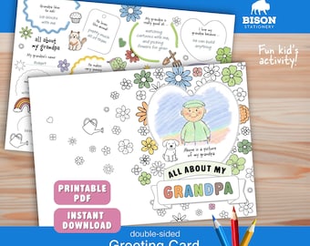 About Grandpa Coloring CARD (Digital Download) Fill In The Blank Activity | Grandparents Day | Printable Card