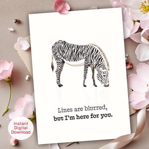 Ręcznie rysowana zebra, karta wsparcia | Współczucie, myślenie o Tobie, kartka z pozdrowieniami dla przyjaciela z problemami psychicznymi (do pobrania w wersji cyfrowej)