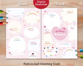 Tarjeta personalizada, Todo sobre ella / Para completar / Tarjeta editable / Tarjeta con cuestionario (Descarga digital)