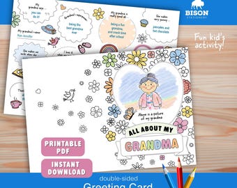 About Grandma Coloring CARD (Digital Download) Fill In The Blank Activity, Printable Card