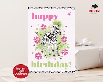 Tarjeta de cumpleaños infantil para amantes de los animales / Tarjeta de felicitación ilustrada a mano con cebra y motivos botánicos (descarga digital)