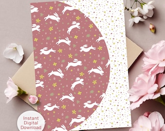 Baby Announcement Card with Rabbits (Digital Download) Baby Reveal Greeting, Baby Shower, Pink and Green