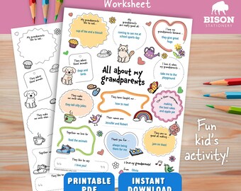 About Grandparents, Fill In The Blanks WORKSHEET for kids | Grandparents Day | Activity Sheet for Grandkids (Digital Download)