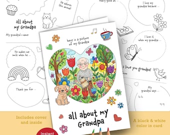 Tarjeta para colorear "Acerca del abuelo", actividad para completar espacios en blanco / Día de los abuelos / Tarjeta de felicitación con cuestionario imprimible (descarga digital)