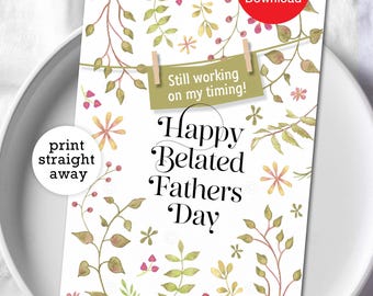 Tarjeta de felicitación tardía para el Día del Padre (Descarga digital). Ilustraciones botánicas hechas a mano. Divertida felicitación para papá. Descarga instantánea de última hora.