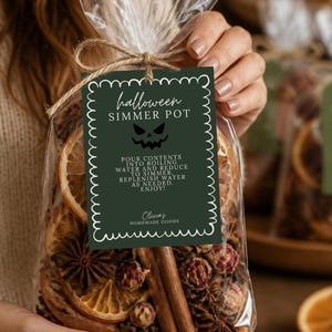 Puede incluir: Una bolsa de plástico transparente llena de rodajas de naranja secas, ramas de canela, anís estrellado y capullos de flores secos. Una etiqueta rectangular verde oscuro con borde blanco festoneado lleva el texto Halloween Simmer Pot.