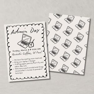 Op de afbeelding: Twee kaarten op een lichtbeige achtergrond. Eén kaart heeft de tekst "Admin Day" met een laptop illustratie en evenement details. De andere kaart heeft een herhalend patroon van laptop illustraties. De kaarten zijn omlijnd met een zwarte, golvende rand.