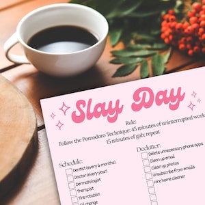 May include: A pink planner with the words "Slay Day" in a retro font, a coffee cup, and a sprig of red berries. The planner includes a schedule and decluttering checklist. The coffee cup is white and filled with dark coffee.
