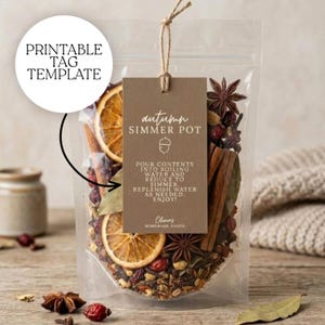 Printable Simmer Pot Tags, Editable Autumn Gift Label, Custom Name Fall Holiday Favor, Housewarming Host Birthday DIY, Instant Template