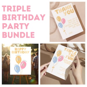 Puede incluir: Un paquete de fiesta de cumpleaños triple con invitaciones, tarjetas de agradecimiento y un letrero de bienvenida. Las invitaciones y las tarjetas de agradecimiento tienen gráficos de globos. El letrero de bienvenida dice "Feliz Cumpleaños".