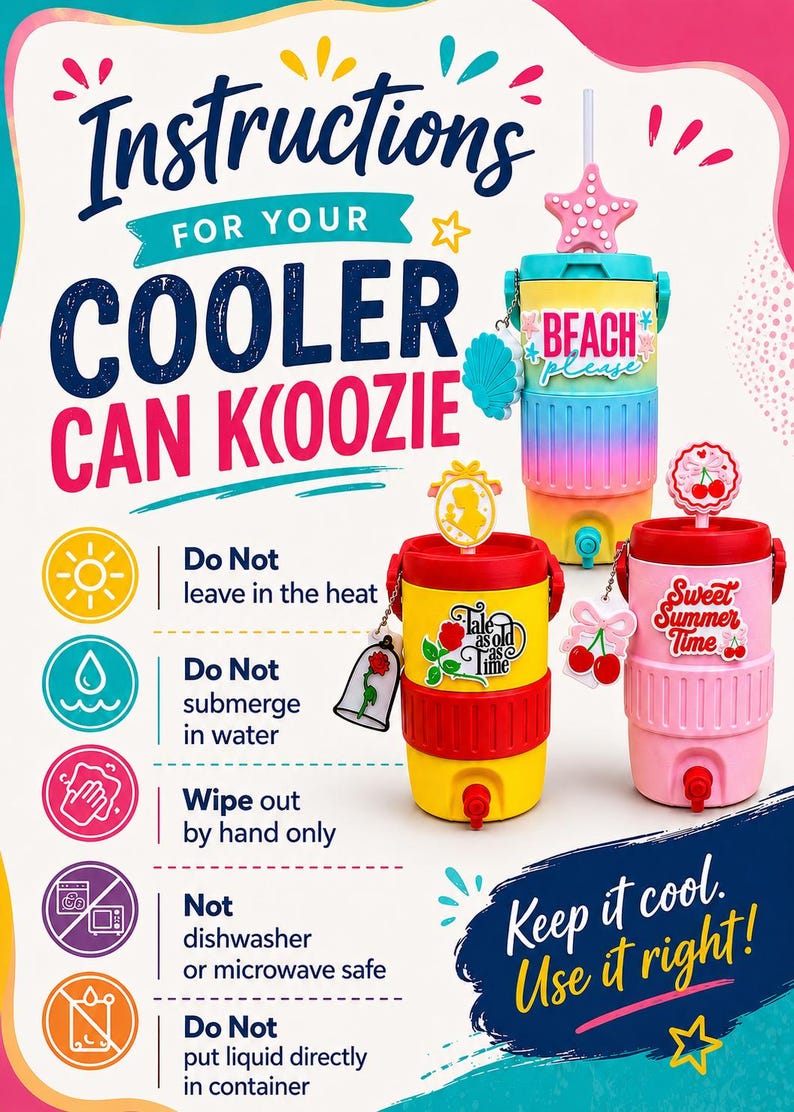May include: Image of three colourful cooler can koozies with instructions. The koozies are yellow, pink, and rainbow-coloured. Each has a tap and a decorative charm. Text on the image includes "Instructions for your Cooler Can Koozie" and care instructions.
