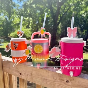 May include: Three insulated drinks coolers with straws and decorative charms. One is orange and white with bee accents, another is rainbow-coloured with a lemon, and the third is hot pink with a bow. The text "Daisy Momma Designs" is visible.
