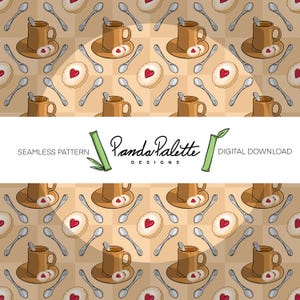 Mysigt kaffe och kex sömlöst mönster, varm caféstil ytdesign för textilier, kaféinredning, förpackningar och digital användning, PNG