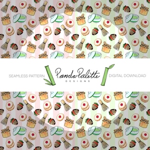 May include: Seamless pattern featuring watercolor illustrations of desserts and tea-related items. The design includes strawberries, cookies, tea whisks, and teacups, set against a striped background. The text "Panda Palette Designs" and "Digital Download" are also present.