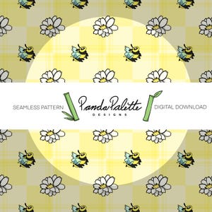 May include: Seamless pattern featuring a repeating design of white flowers and cartoon bees on a yellow plaid background. The text "Panda Palette Designs" is displayed with the words "Seamless Pattern" and "Digital Download".